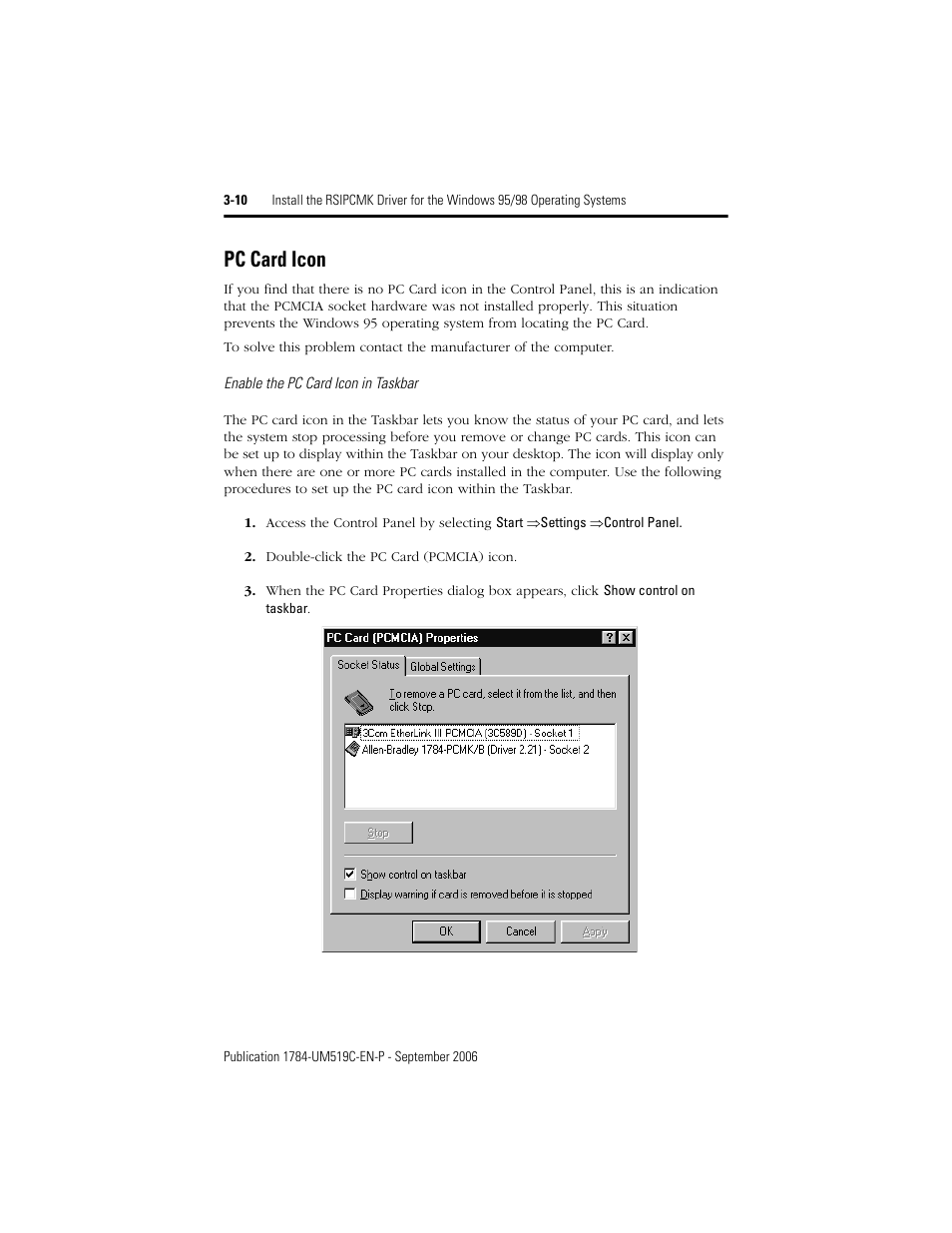 Pc card icon, Enable the pc card icon in taskbar, Pc card icon -10 | Rockwell Automation 1784-PCMK PCMK Communication Card Installation Manual User Manual | Page 30 / 84