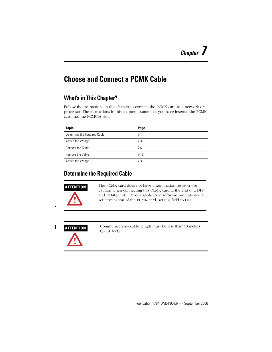 7 - choose and connect a pcmk cable, What’s in this chapter, Determine the required cable | Chapter 7, Choose and connect a pcmk cable, Chapter | Rockwell Automation 1784-PCMK PCMK Communication Card Installation Manual User Manual | Page 59 / 84