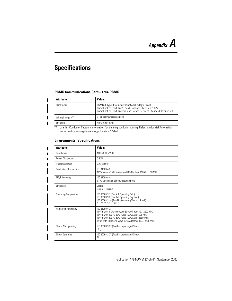 A - specifications, Appendix, Specifications | Pcmk communications card - 1784-pcmk, Environmental specifications | Rockwell Automation 1784-PCMK PCMK Communication Card Installation Manual User Manual | Page 77 / 84