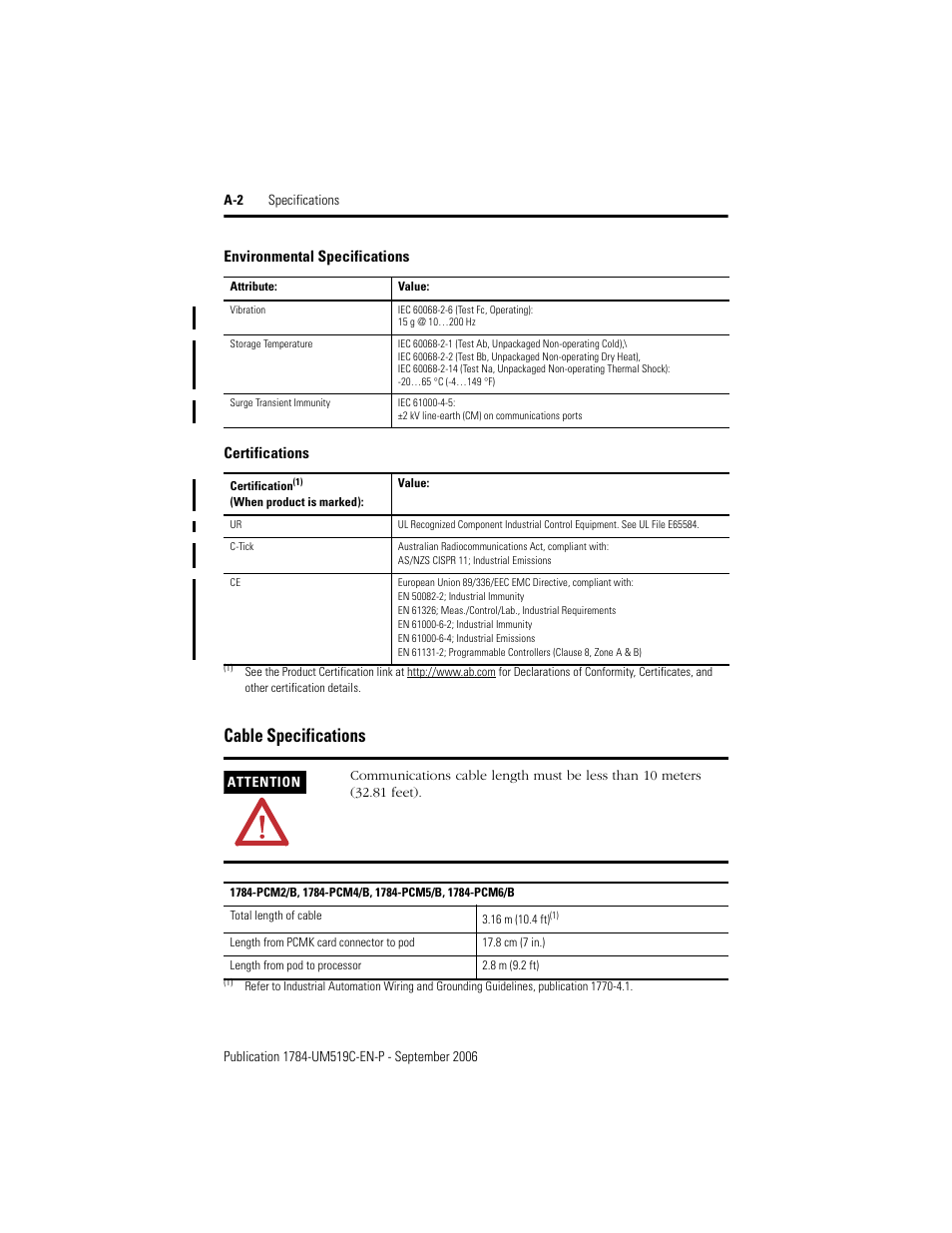 Cable specifications, Certifications, Environmental specifications | Rockwell Automation 1784-PCMK PCMK Communication Card Installation Manual User Manual | Page 78 / 84
