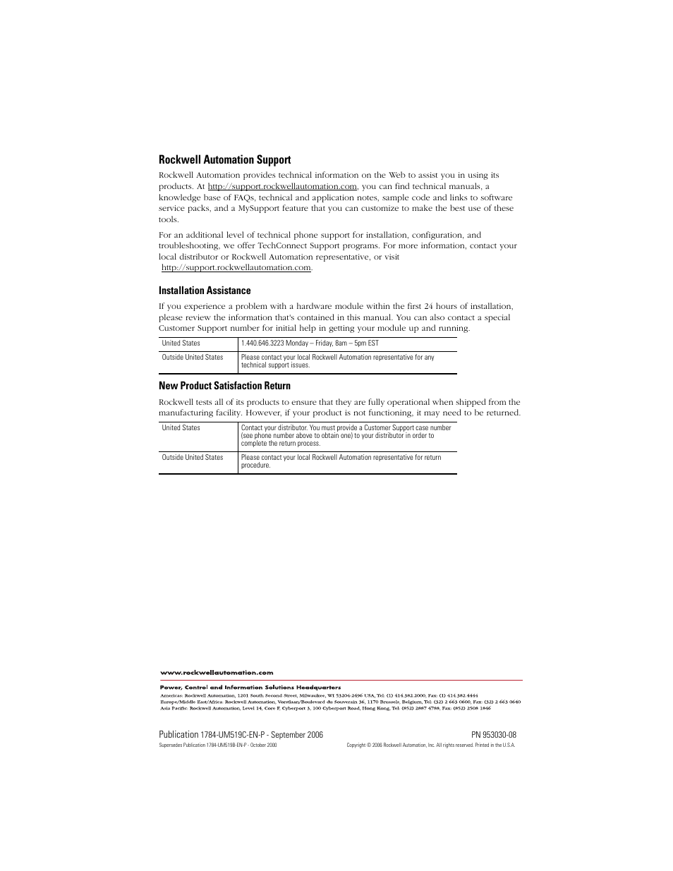 Back cover, Rockwell automation support, Installation assistance | New product satisfaction return | Rockwell Automation 1784-PCMK PCMK Communication Card Installation Manual User Manual | Page 84 / 84