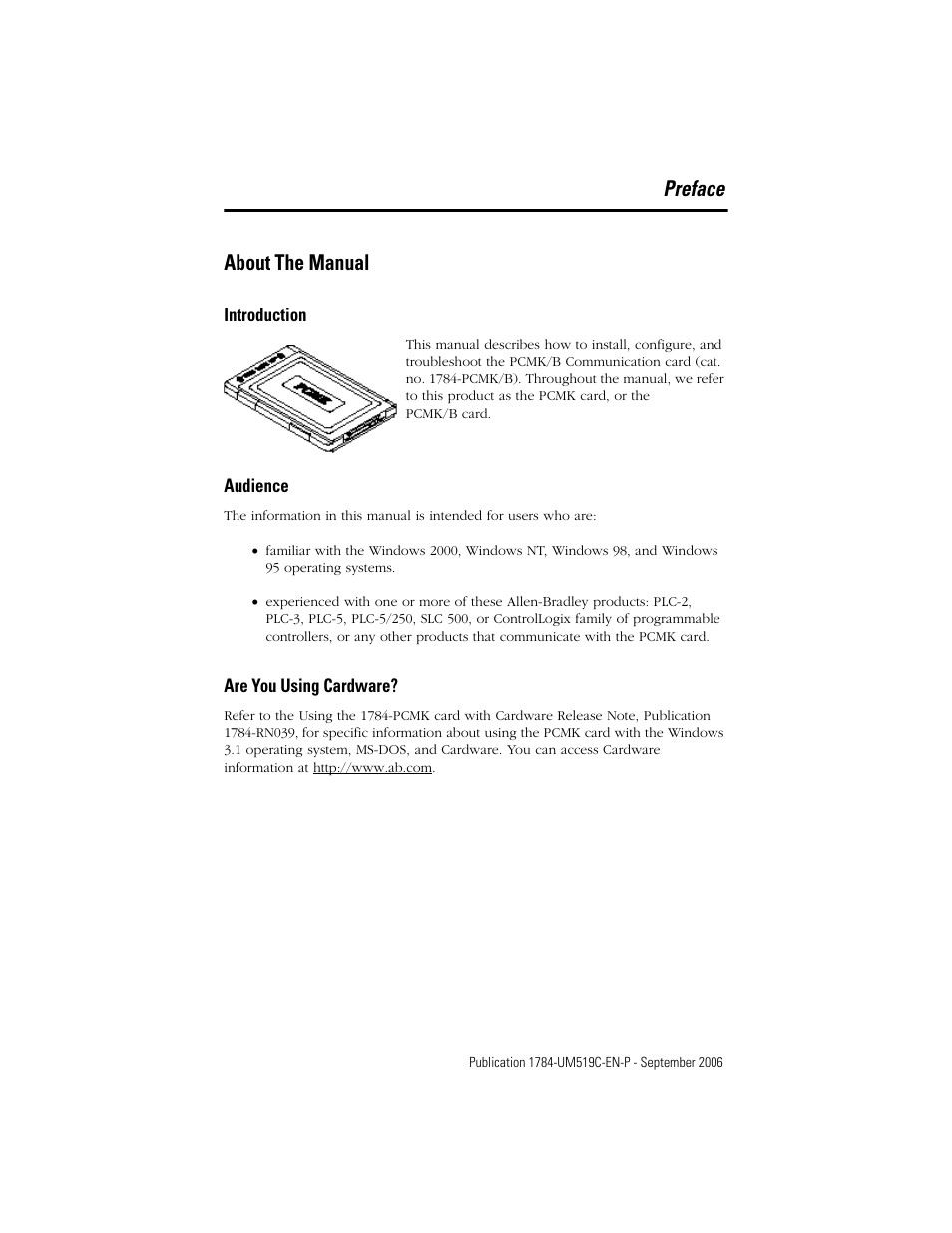 Preface, Introduction, Audience | Are you using cardware, Preface about the manual | Rockwell Automation 1784-PCMK PCMK Communication Card Installation Manual User Manual | Page 9 / 84