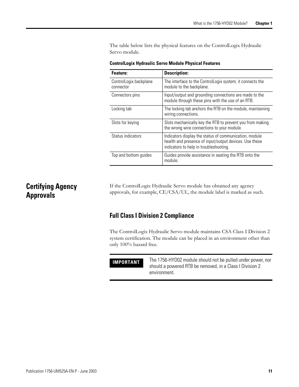 Certifying agency approvals, Full class i division 2 compliance | Rockwell Automation 1756-HYD02 ControlLogix Hydraulic Servo Module User Manual | Page 11 / 98