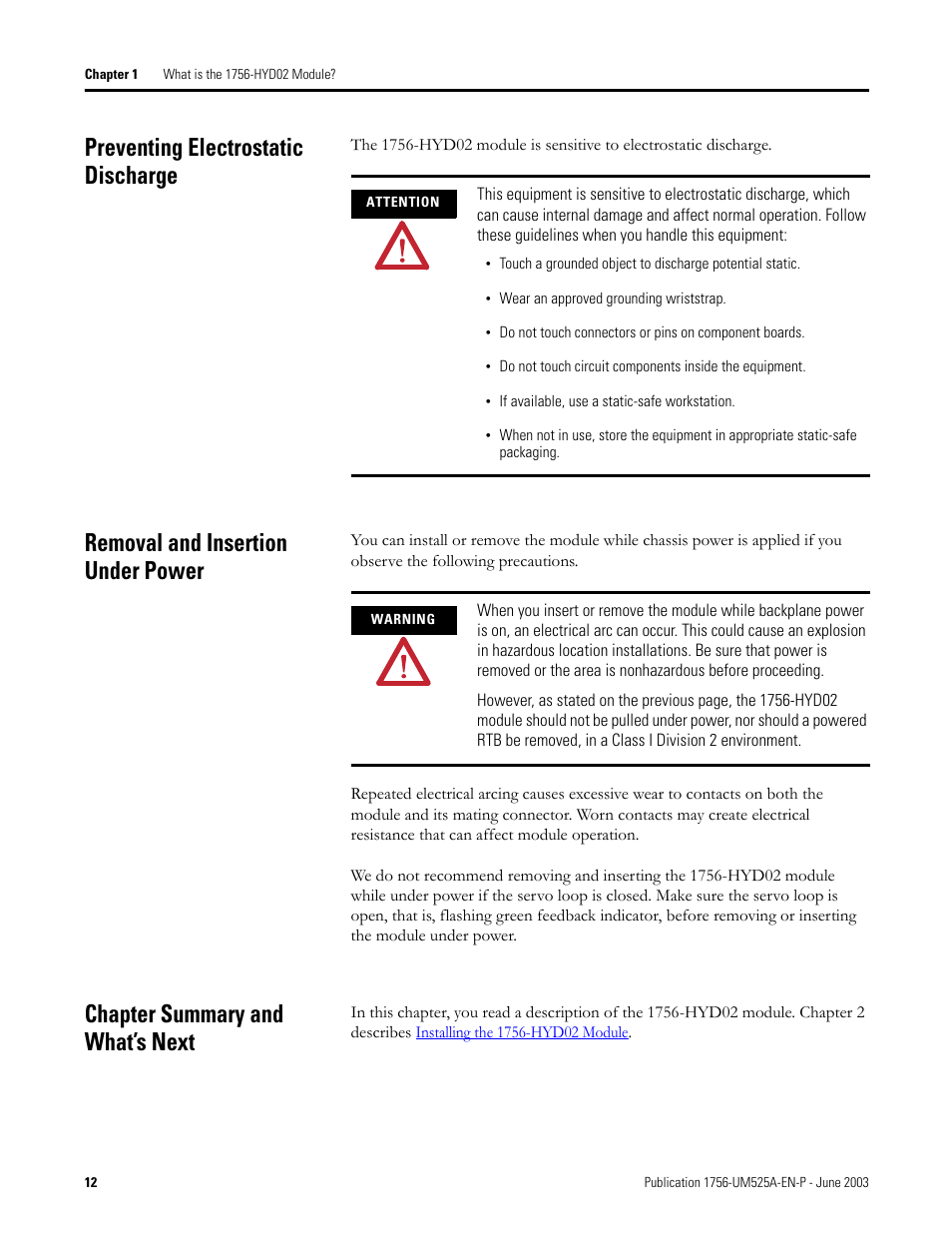 Preventing electrostatic discharge, Removal and insertion under power, Chapter summary and what’s next | Rockwell Automation 1756-HYD02 ControlLogix Hydraulic Servo Module User Manual | Page 12 / 98
