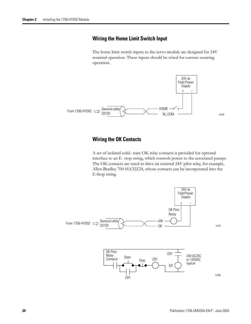 Wiring the home limit switch input, Wiring the ok contacts | Rockwell Automation 1756-HYD02 ControlLogix Hydraulic Servo Module User Manual | Page 20 / 98