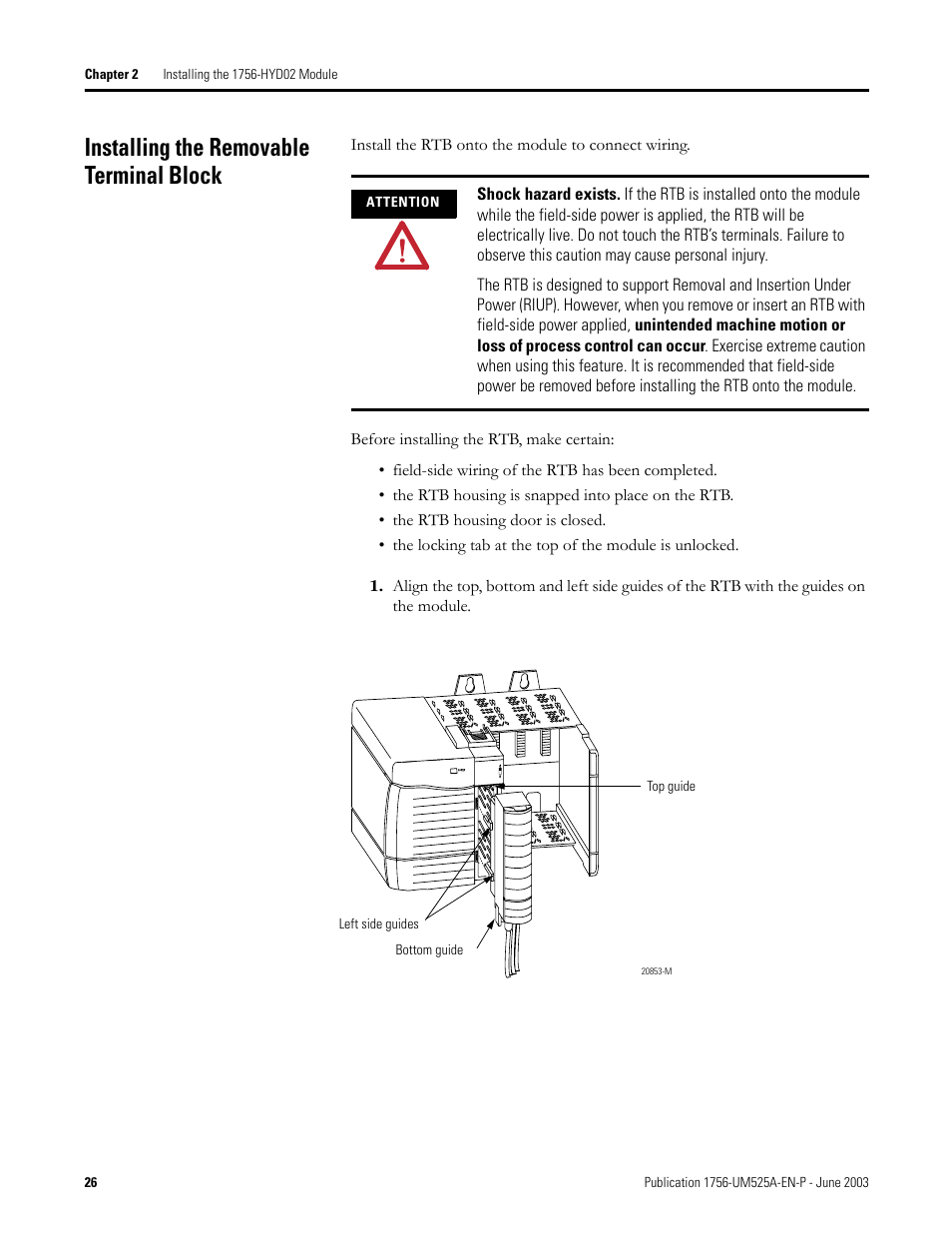 Installing the removable terminal block | Rockwell Automation 1756-HYD02 ControlLogix Hydraulic Servo Module User Manual | Page 26 / 98