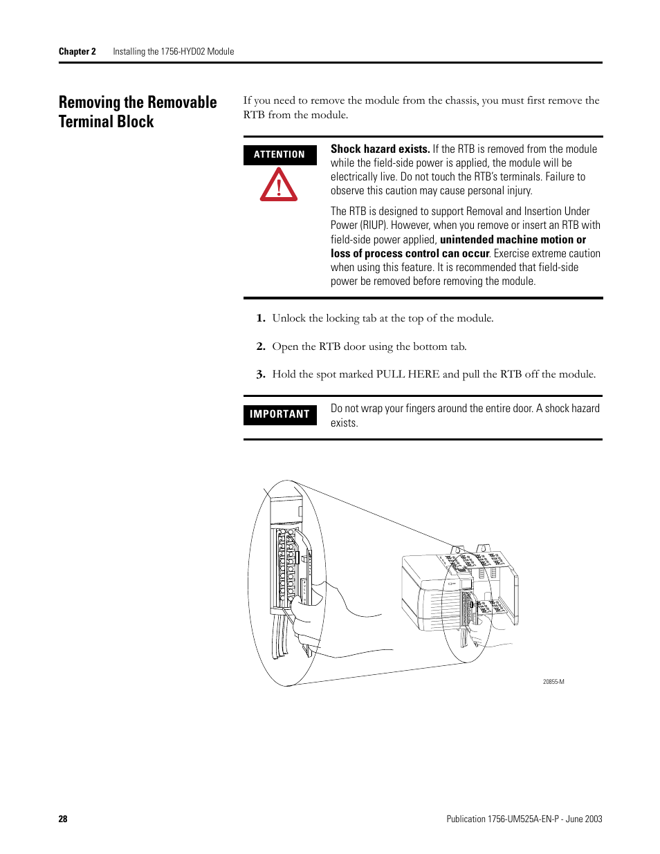 Removing the removable terminal block | Rockwell Automation 1756-HYD02 ControlLogix Hydraulic Servo Module User Manual | Page 28 / 98