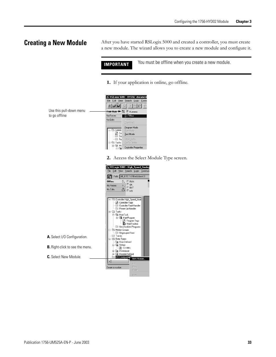 Creating a new module | Rockwell Automation 1756-HYD02 ControlLogix Hydraulic Servo Module User Manual | Page 33 / 98