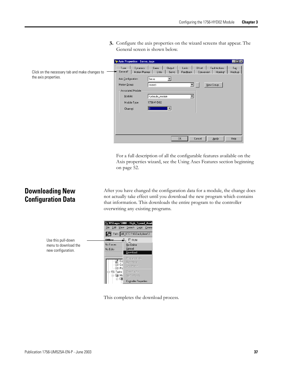 Downloading new configuration data | Rockwell Automation 1756-HYD02 ControlLogix Hydraulic Servo Module User Manual | Page 37 / 98