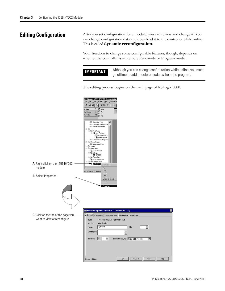 Editing configuration | Rockwell Automation 1756-HYD02 ControlLogix Hydraulic Servo Module User Manual | Page 38 / 98