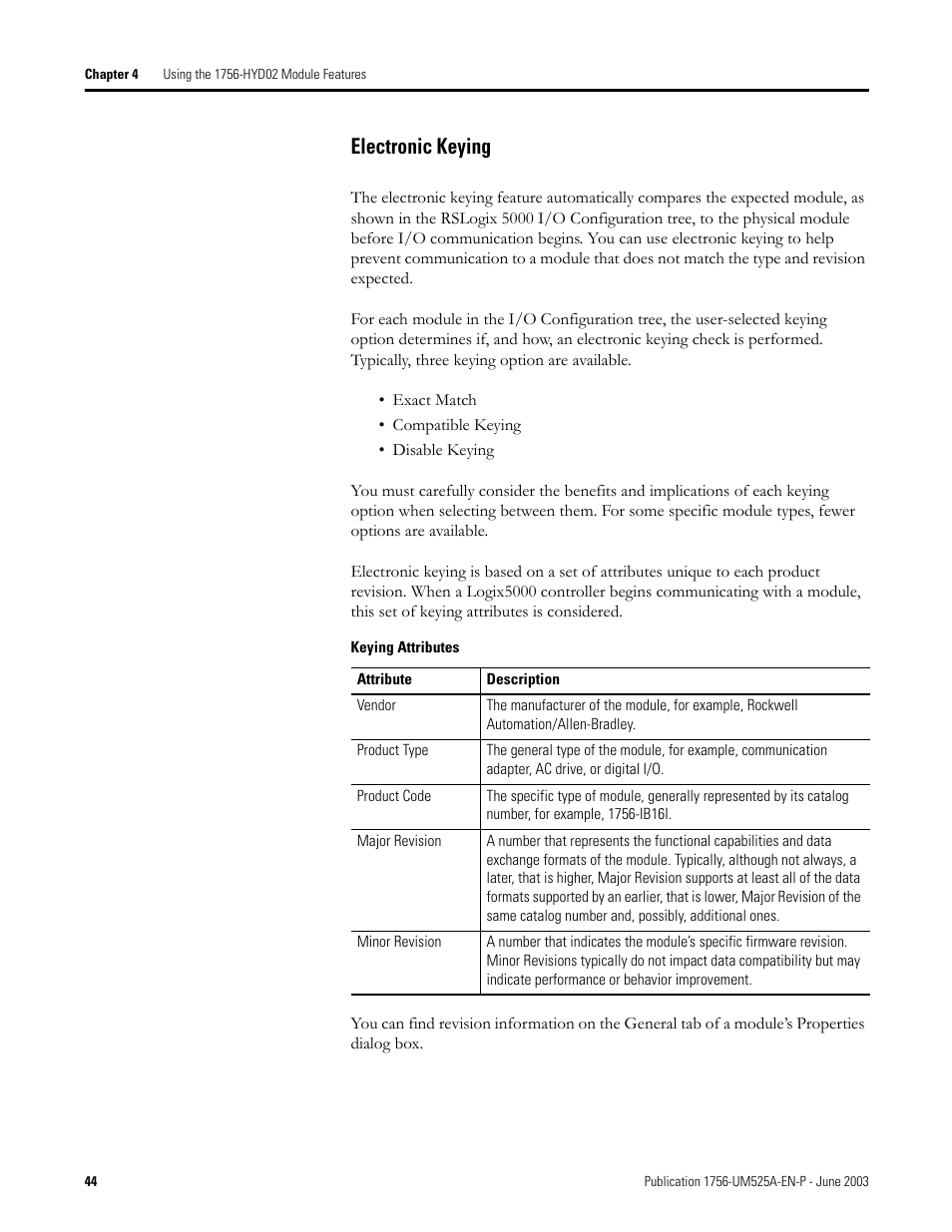 Electronic keying | Rockwell Automation 1756-HYD02 ControlLogix Hydraulic Servo Module User Manual | Page 44 / 98