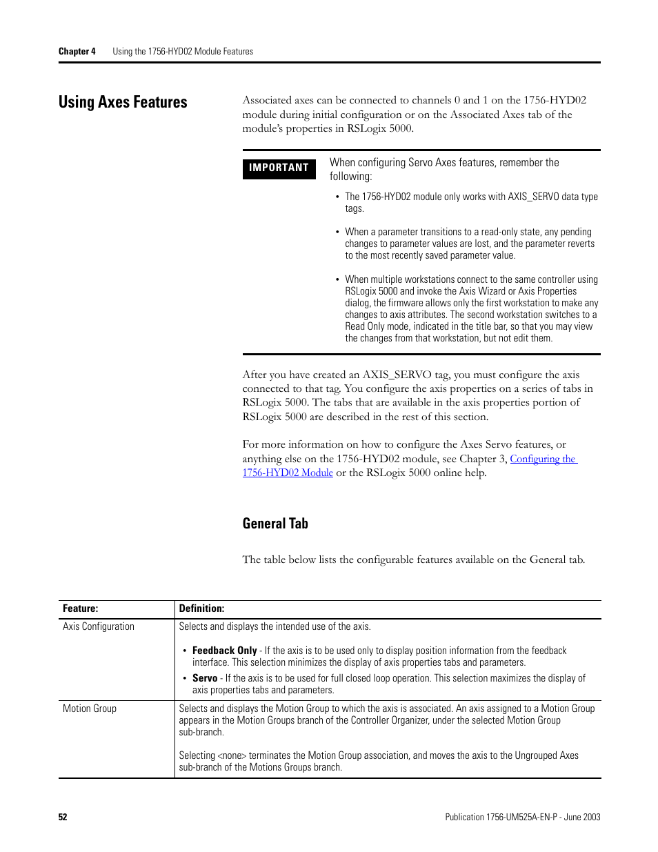 Using axes features, General tab | Rockwell Automation 1756-HYD02 ControlLogix Hydraulic Servo Module User Manual | Page 52 / 98