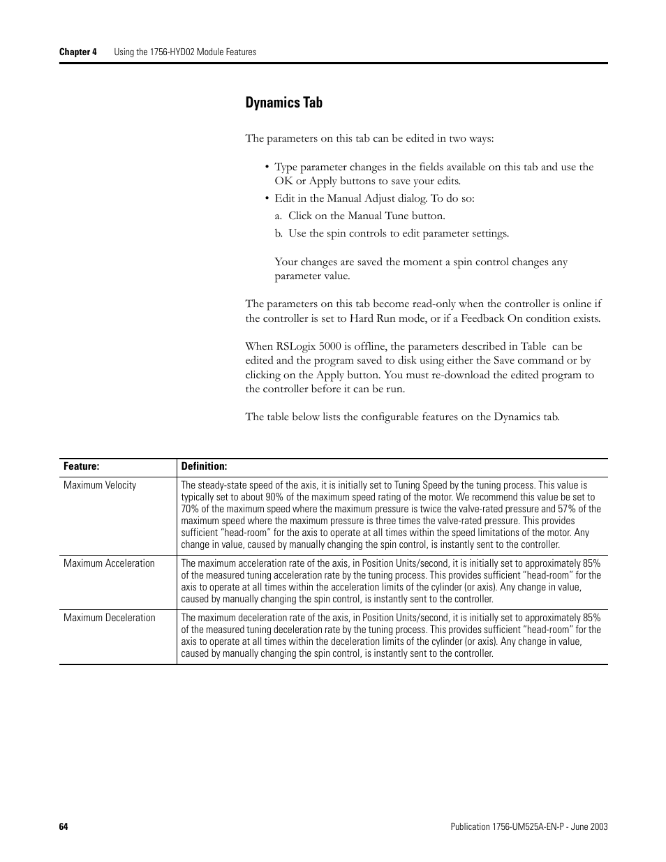 Dynamics tab | Rockwell Automation 1756-HYD02 ControlLogix Hydraulic Servo Module User Manual | Page 64 / 98
