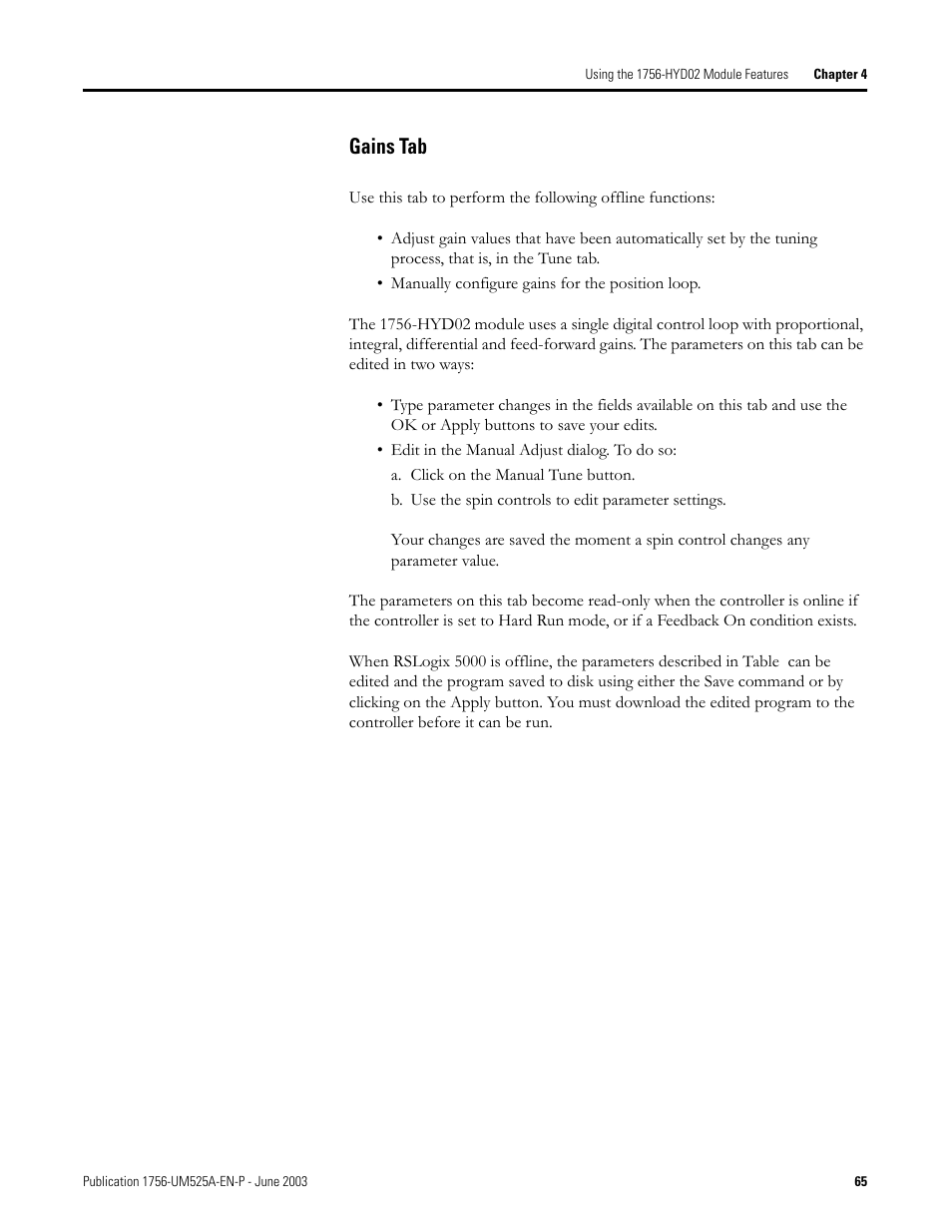 Gains tab | Rockwell Automation 1756-HYD02 ControlLogix Hydraulic Servo Module User Manual | Page 65 / 98