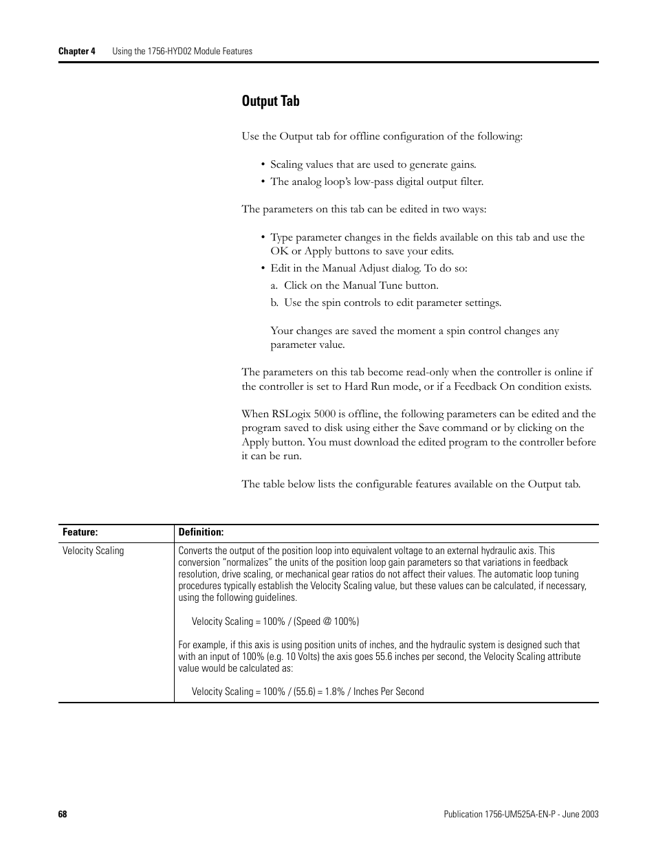 Output tab | Rockwell Automation 1756-HYD02 ControlLogix Hydraulic Servo Module User Manual | Page 68 / 98