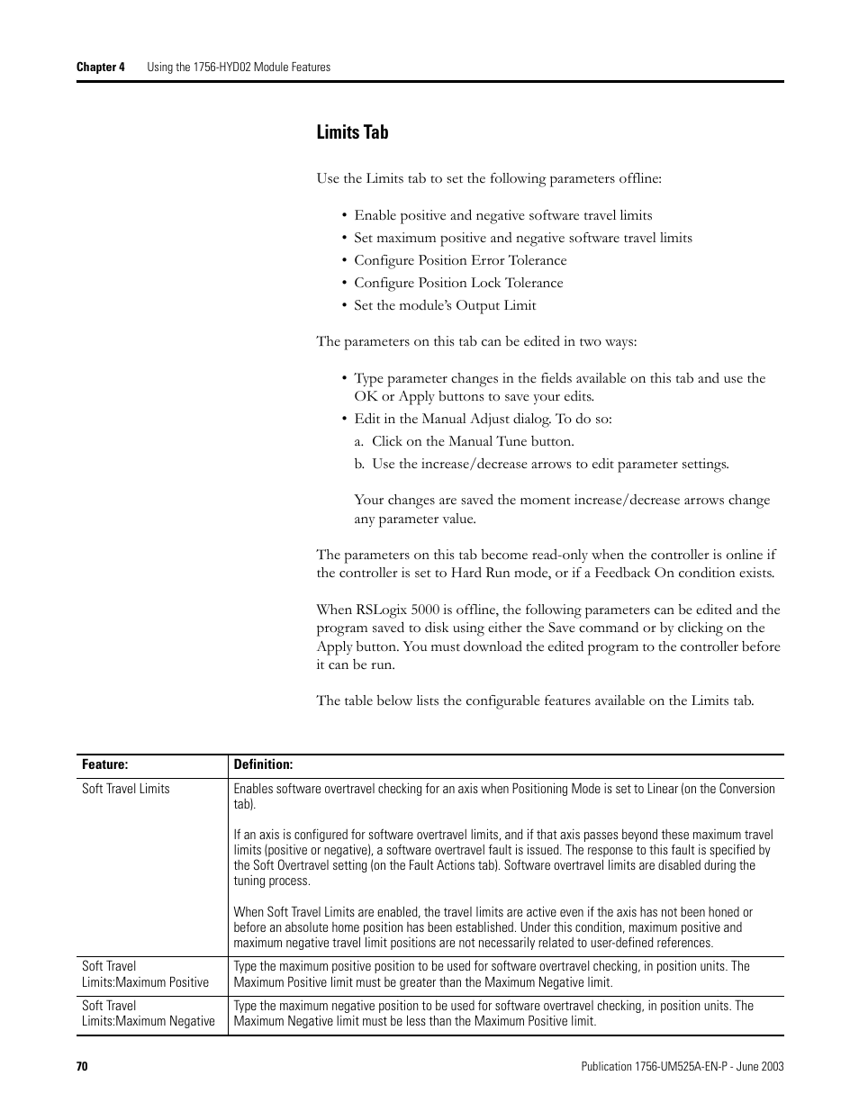 Limits tab | Rockwell Automation 1756-HYD02 ControlLogix Hydraulic Servo Module User Manual | Page 70 / 98