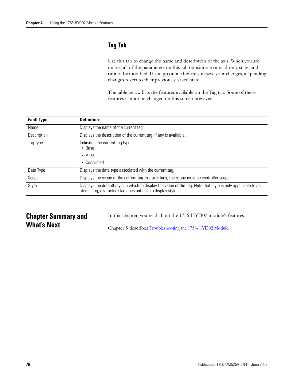 Chapter summary and what’s next, Tag tab | Rockwell Automation 1756-HYD02 ControlLogix Hydraulic Servo Module User Manual | Page 76 / 98