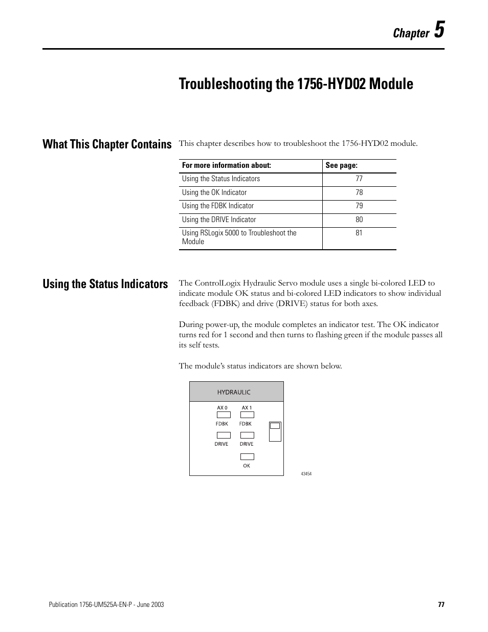 Troubleshooting the 1756-hyd02 module, What this chapter contains, Using the status indicators | Chapter 5, Chapter | Rockwell Automation 1756-HYD02 ControlLogix Hydraulic Servo Module User Manual | Page 77 / 98