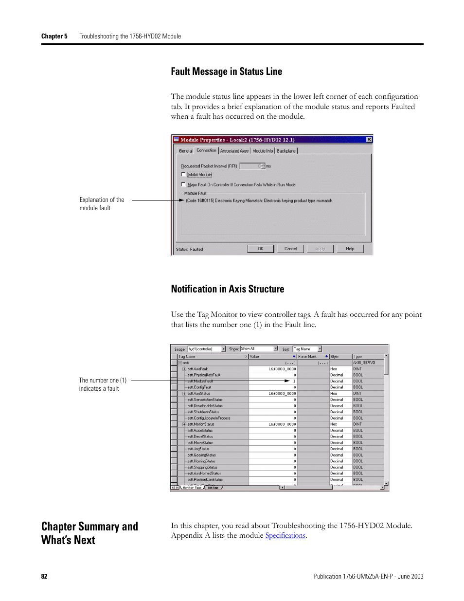 Chapter summary and what’s next, Fault message in status line, Notification in axis structure | Rockwell Automation 1756-HYD02 ControlLogix Hydraulic Servo Module User Manual | Page 82 / 98