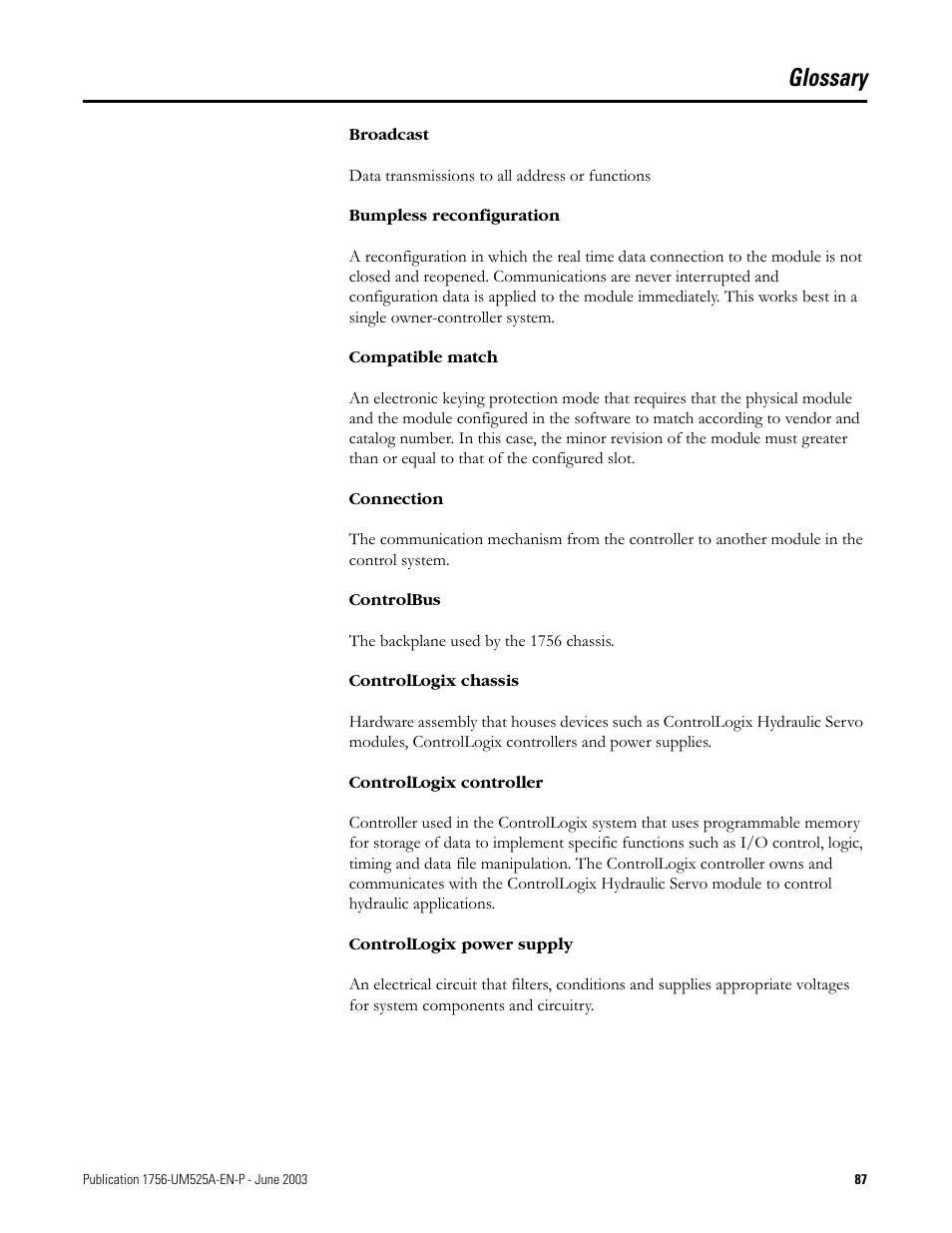 Glossary | Rockwell Automation 1756-HYD02 ControlLogix Hydraulic Servo Module User Manual | Page 87 / 98