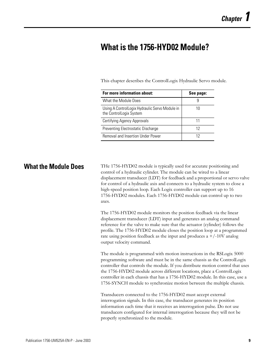 What is the 1756-hyd02 module, What the module does, Chapter 1 | Chapter | Rockwell Automation 1756-HYD02 ControlLogix Hydraulic Servo Module User Manual | Page 9 / 98