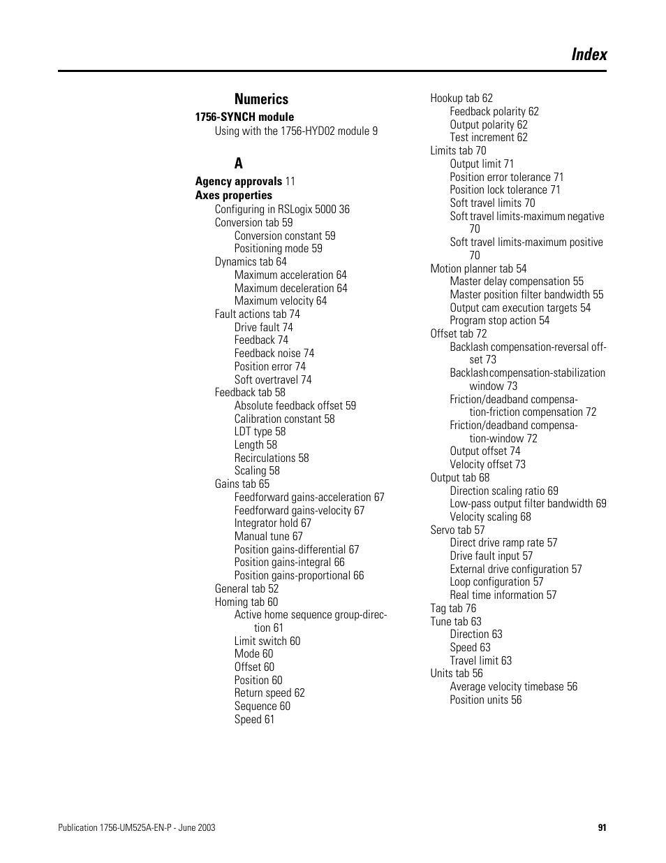 Index, Numerics | Rockwell Automation 1756-HYD02 ControlLogix Hydraulic Servo Module User Manual | Page 91 / 98