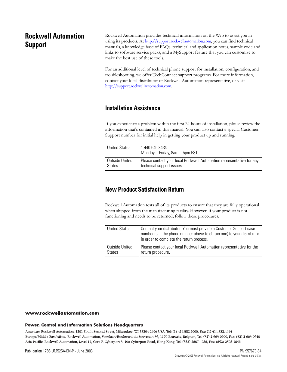 Back cover, Rockwell automation support, Installation assistance | New product satisfaction return | Rockwell Automation 1756-HYD02 ControlLogix Hydraulic Servo Module User Manual | Page 98 / 98