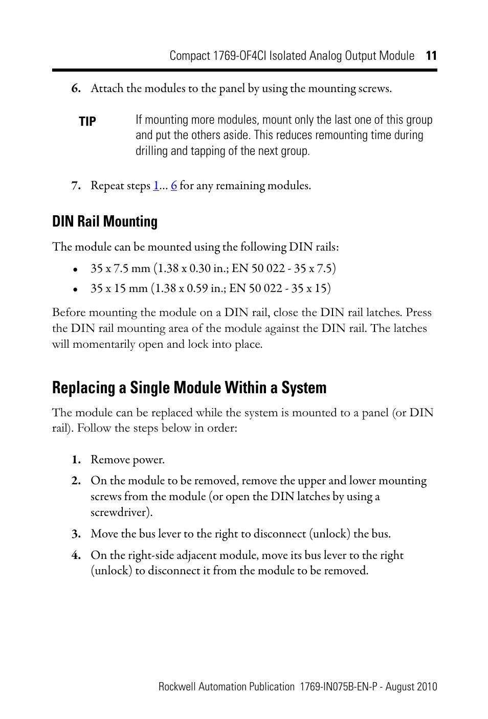 Din rail mounting, Replacing a single module within a system | Rockwell Automation 1769-OF4CI CompactLogix 1769-OF4CI Module User Manual | Page 11 / 28