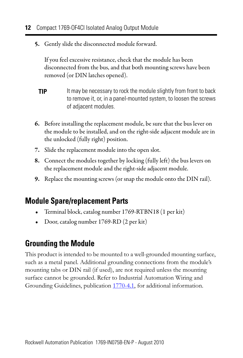 Module spare/replacement parts, Grounding the module | Rockwell Automation 1769-OF4CI CompactLogix 1769-OF4CI Module User Manual | Page 12 / 28