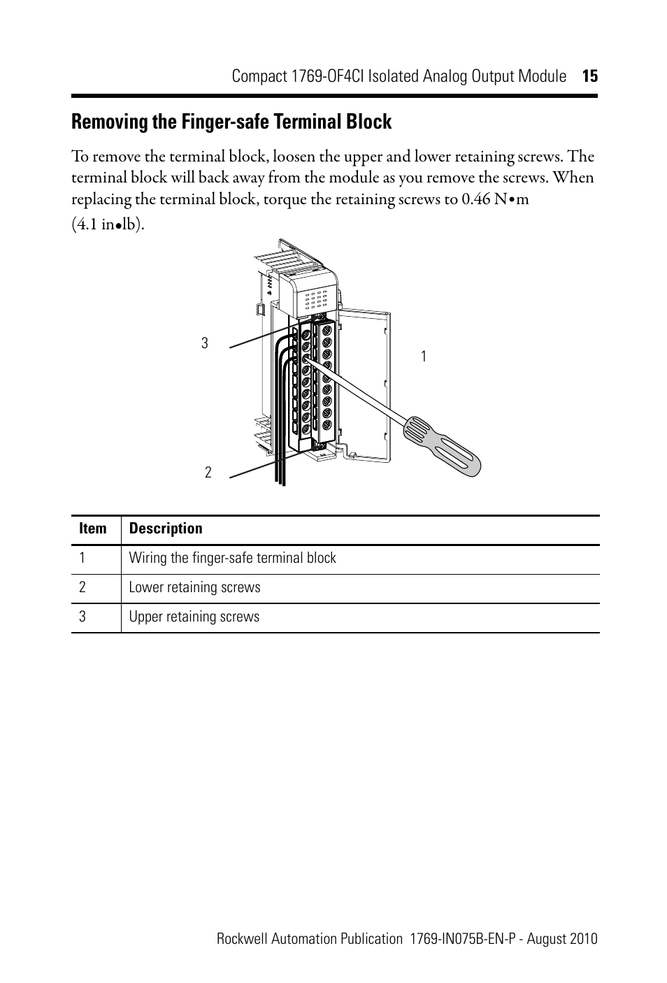 Removing the finger-safe terminal block | Rockwell Automation 1769-OF4CI CompactLogix 1769-OF4CI Module User Manual | Page 15 / 28