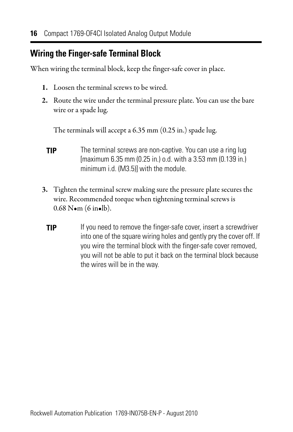 Wiring the finger-safe terminal block | Rockwell Automation 1769-OF4CI CompactLogix 1769-OF4CI Module User Manual | Page 16 / 28