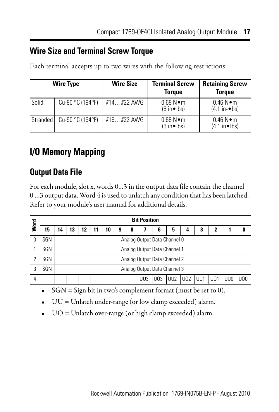 Wire size and terminal screw torque, I/o memory mapping, Output data file | Rockwell Automation 1769-OF4CI CompactLogix 1769-OF4CI Module User Manual | Page 17 / 28