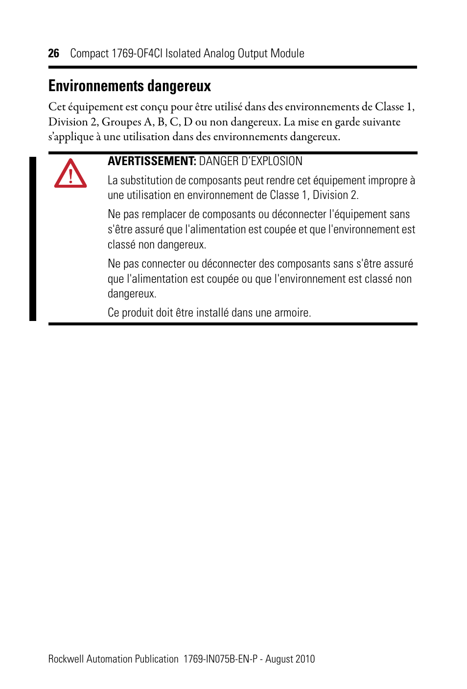 Environnements dangereux | Rockwell Automation 1769-OF4CI CompactLogix 1769-OF4CI Module User Manual | Page 26 / 28