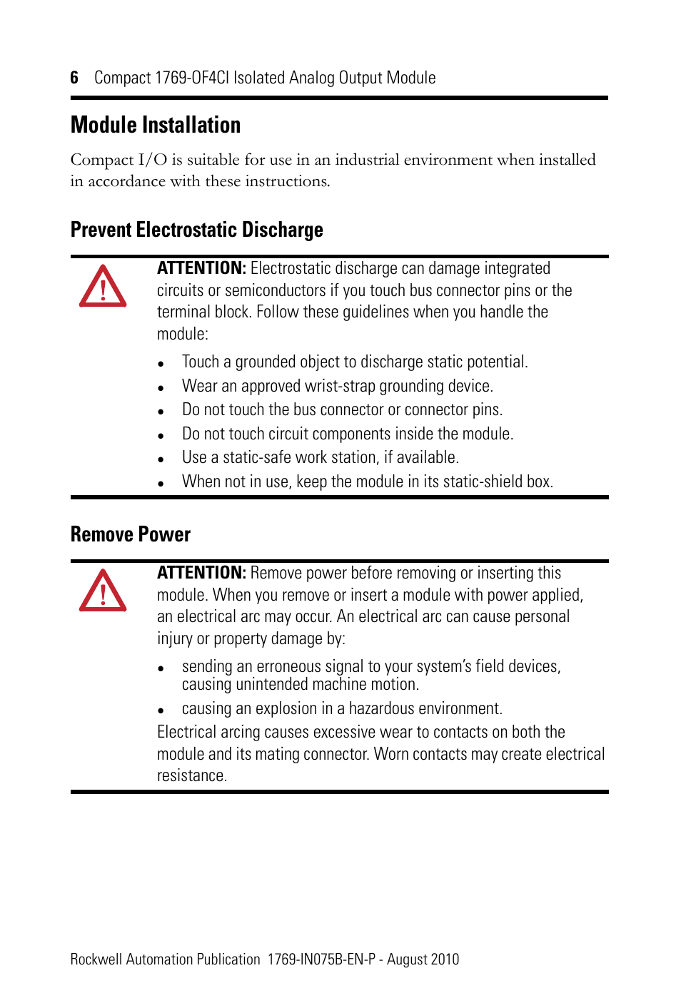 Module installation, Prevent electrostatic discharge, Remove power | Prevent electrostatic discharge remove power | Rockwell Automation 1769-OF4CI CompactLogix 1769-OF4CI Module User Manual | Page 6 / 28