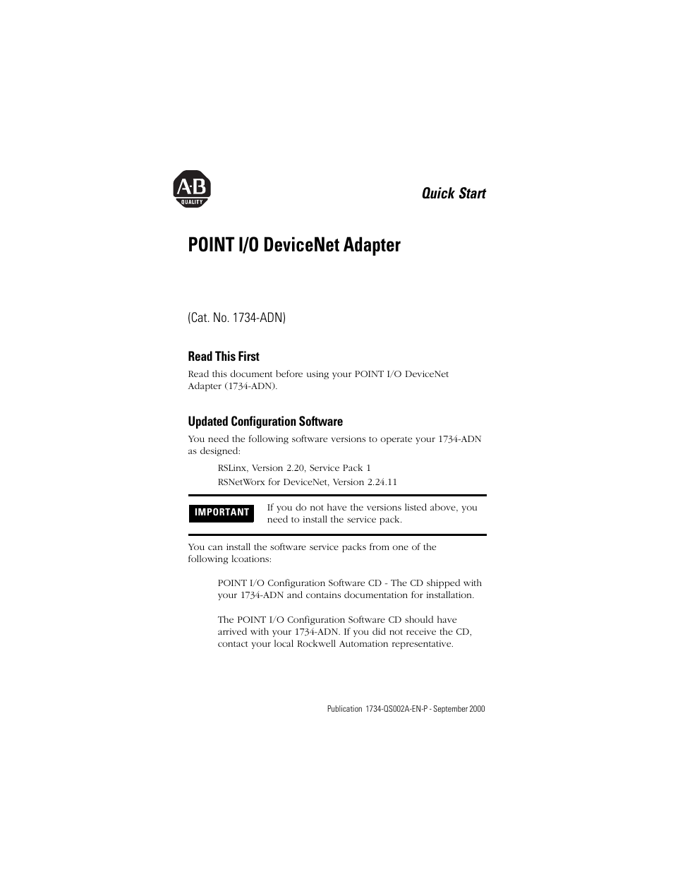 Rockwell Automation 1734-ADN POINT I/O DeviceNet Adapter Quick Start User Manual | 2 pages