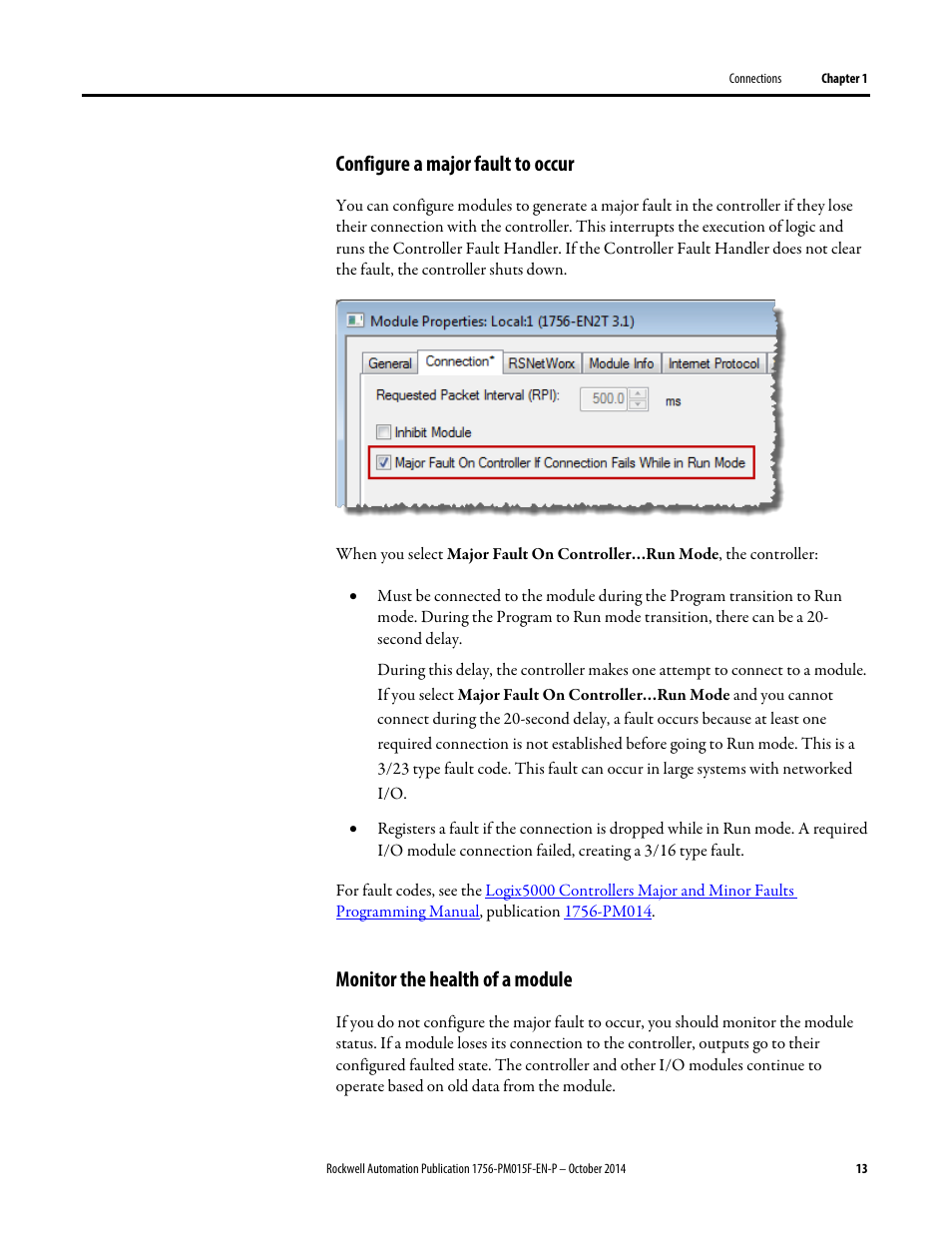 Configure a major fault to occur, Monitor the health of a module | Rockwell Automation Logix5000 Controllers Controller Information and Status Programming Manual User Manual | Page 13 / 59