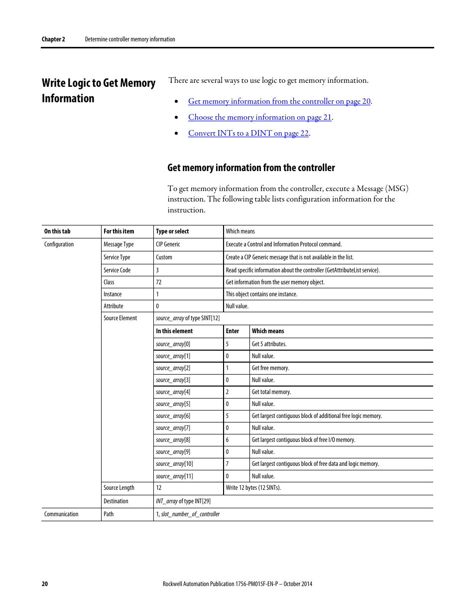Write logic to get memory information, Get memory information from the controller | Rockwell Automation Logix5000 Controllers Controller Information and Status Programming Manual User Manual | Page 20 / 59
