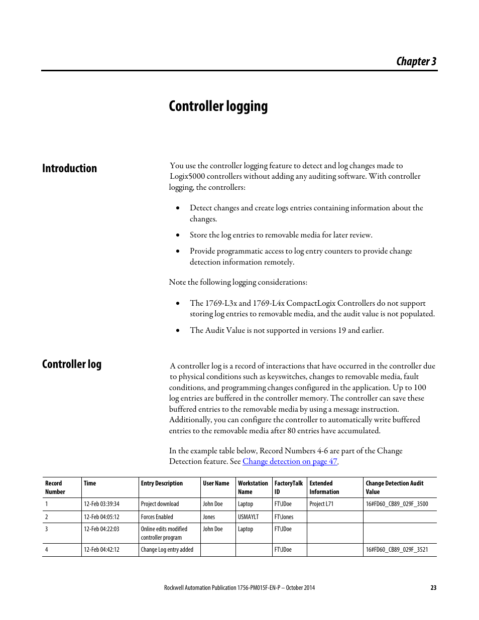 3 - controller logging, Introduction, Controller log | Chapter 3, Controller logging, Introduction controller log | Rockwell Automation Logix5000 Controllers Controller Information and Status Programming Manual User Manual | Page 23 / 59