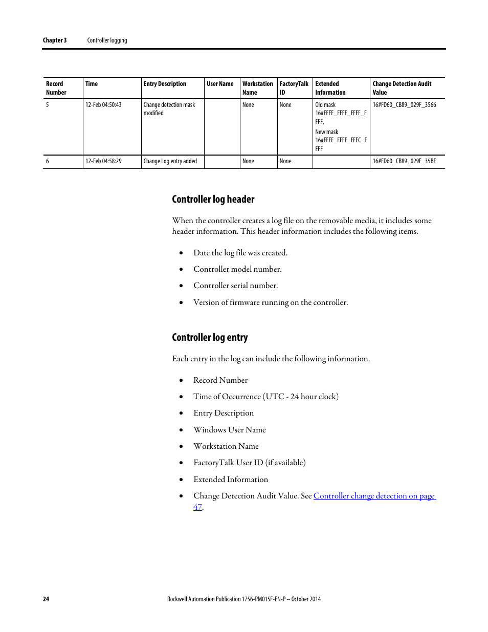 Controller log header, Controller log entry | Rockwell Automation Logix5000 Controllers Controller Information and Status Programming Manual User Manual | Page 24 / 59