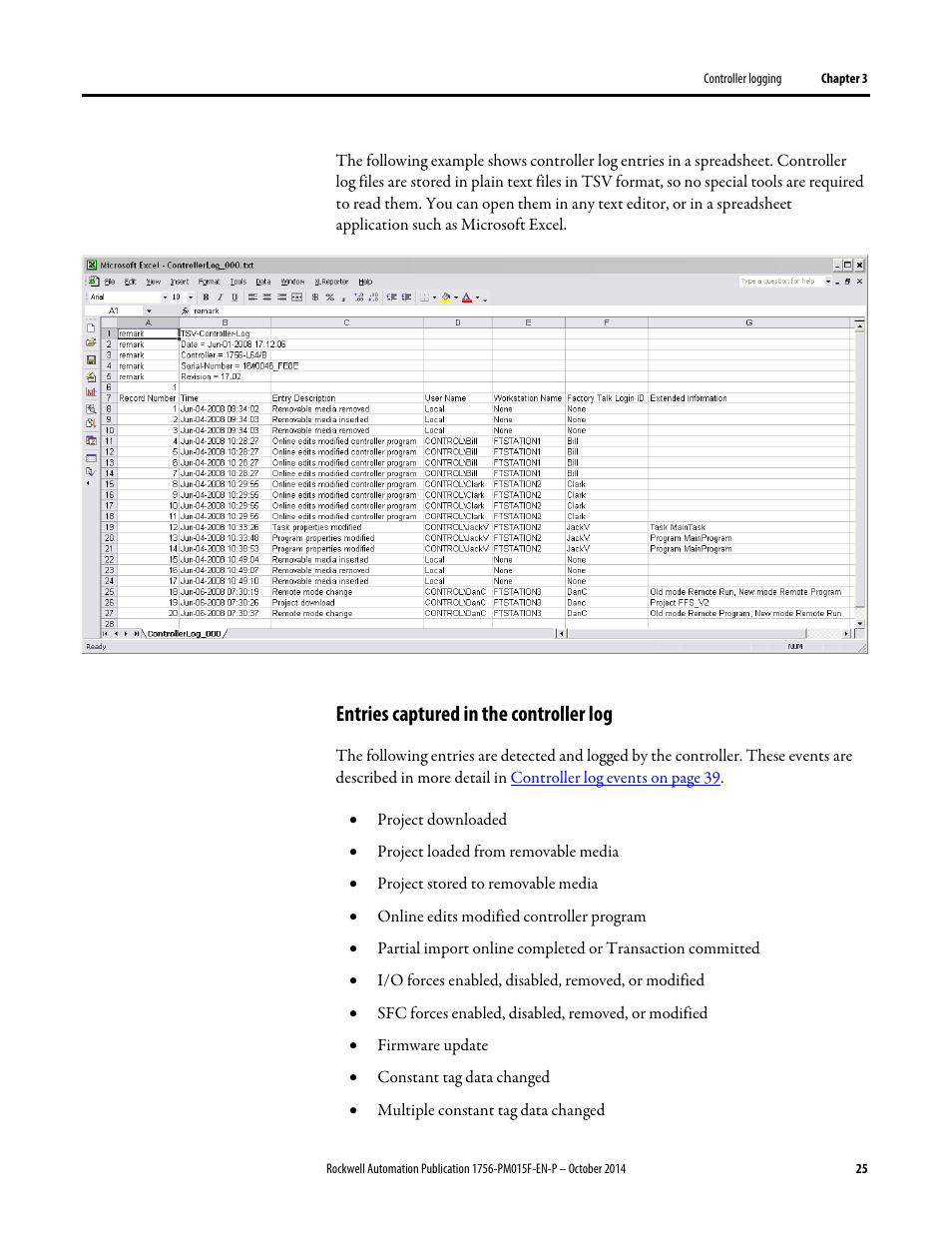 Entries captured in the controller logon, Entries captured in the controller log | Rockwell Automation Logix5000 Controllers Controller Information and Status Programming Manual User Manual | Page 25 / 59