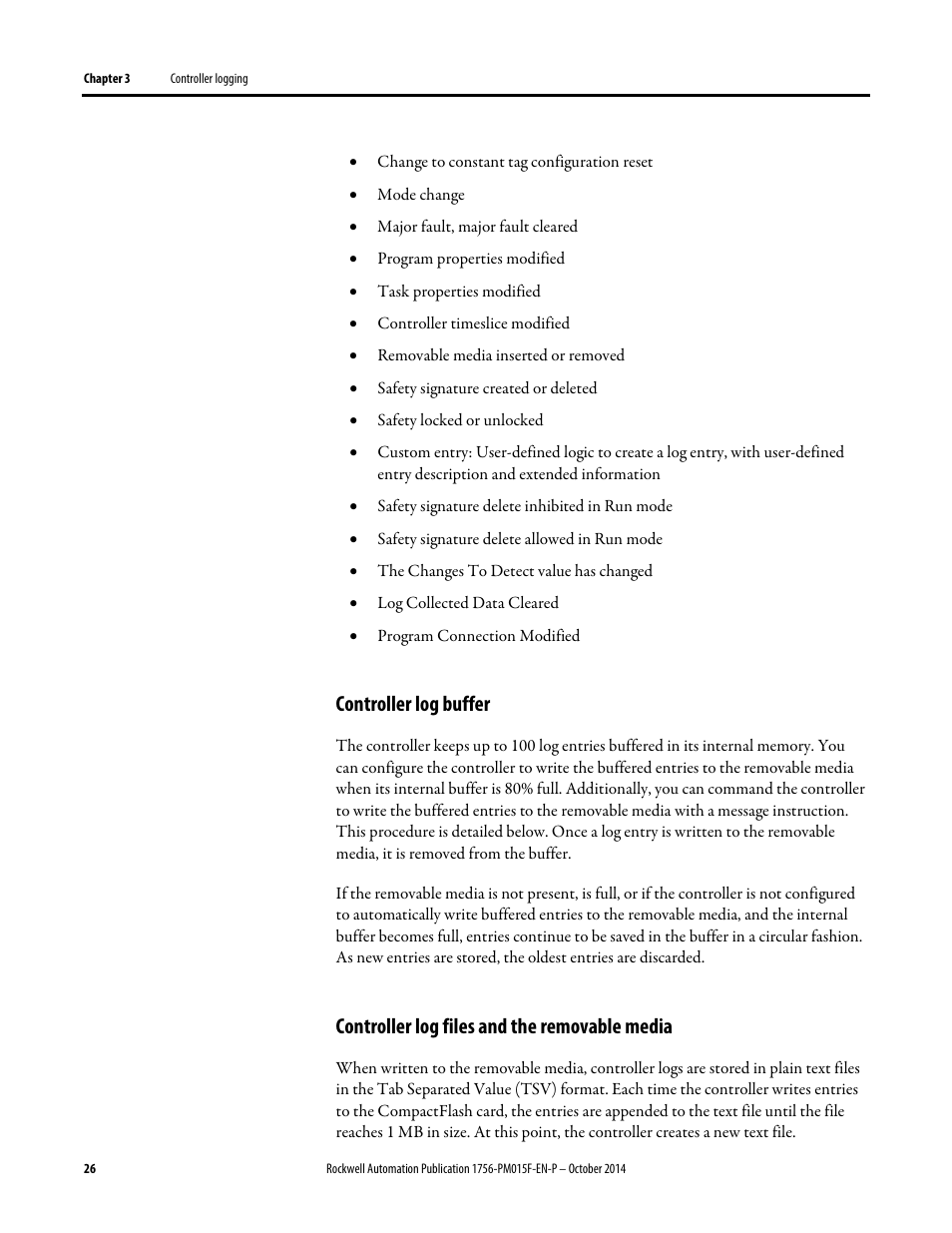 Controller log buffer, Controller log files and the removable media | Rockwell Automation Logix5000 Controllers Controller Information and Status Programming Manual User Manual | Page 26 / 59