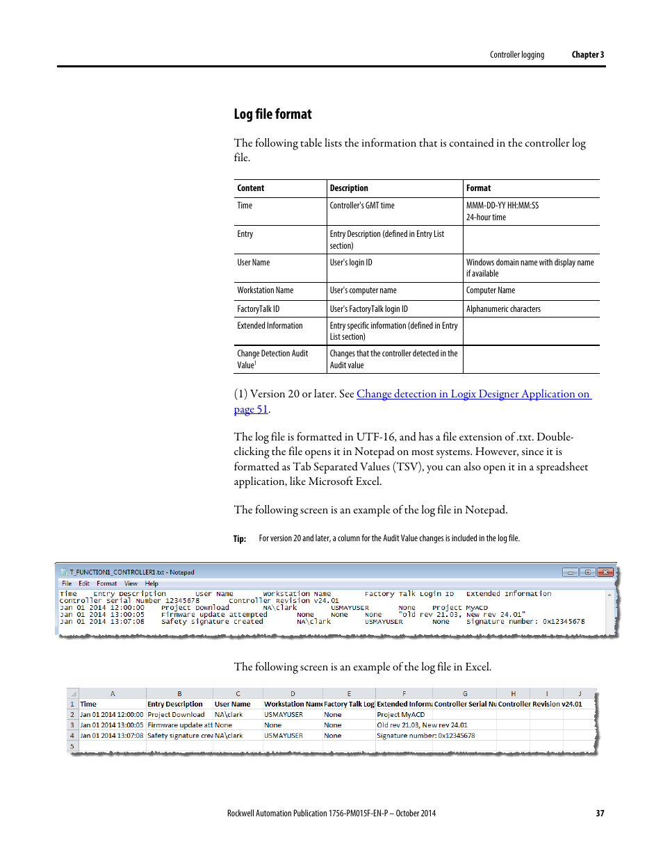 Log file format | Rockwell Automation Logix5000 Controllers Controller Information and Status Programming Manual User Manual | Page 37 / 59