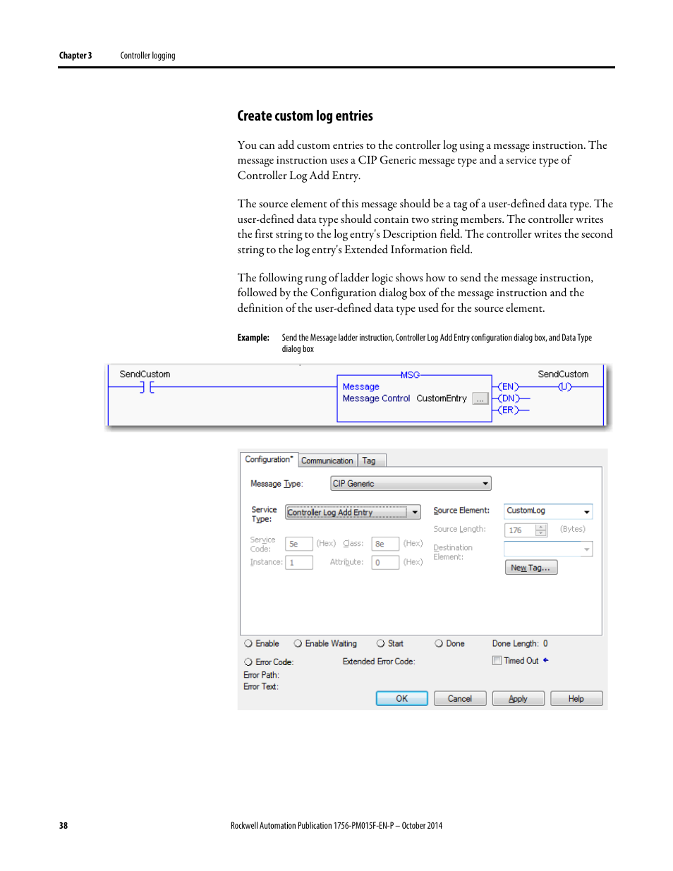 Create custom log entries | Rockwell Automation Logix5000 Controllers Controller Information and Status Programming Manual User Manual | Page 38 / 59