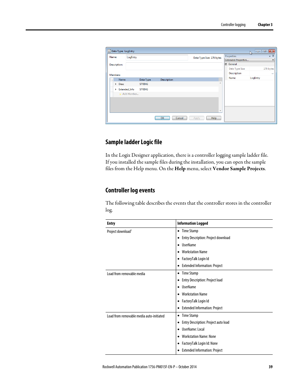 Sample ladder logic file, Controller log events | Rockwell Automation Logix5000 Controllers Controller Information and Status Programming Manual User Manual | Page 39 / 59