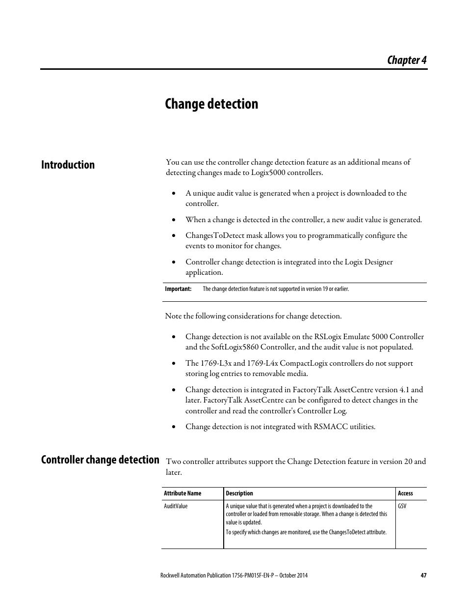 4 - change detection, Introduction, Controller change detection | Chapter 4, Change detection, Introduction controller change detection | Rockwell Automation Logix5000 Controllers Controller Information and Status Programming Manual User Manual | Page 47 / 59