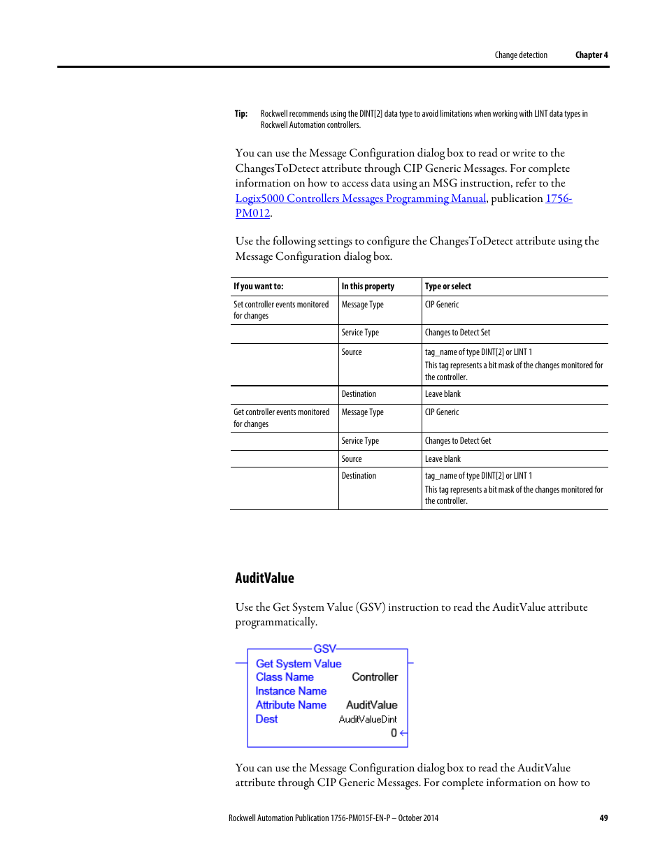 Auditvalue | Rockwell Automation Logix5000 Controllers Controller Information and Status Programming Manual User Manual | Page 49 / 59