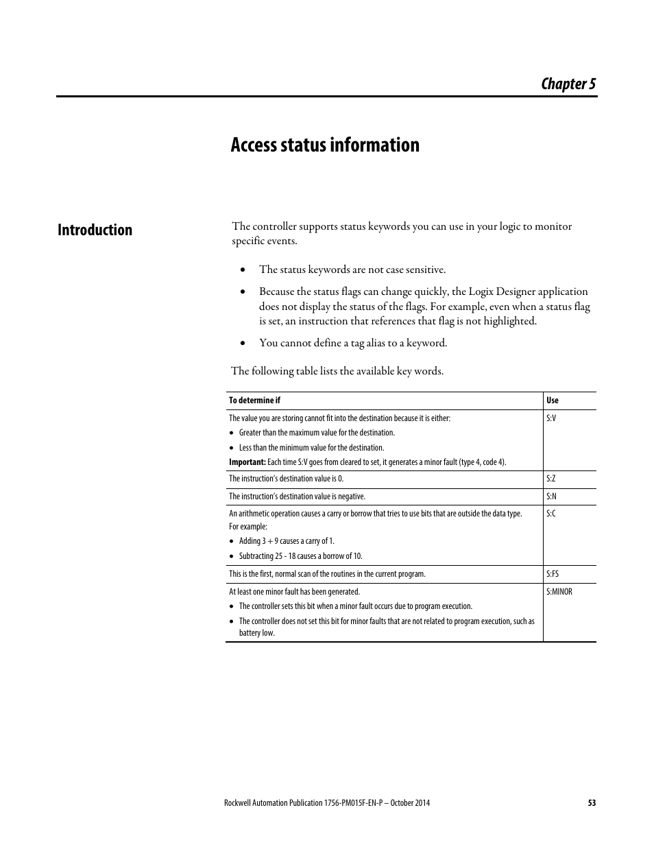 5 - access status information, Introduction, Chapter 5 | Access status information | Rockwell Automation Logix5000 Controllers Controller Information and Status Programming Manual User Manual | Page 53 / 59