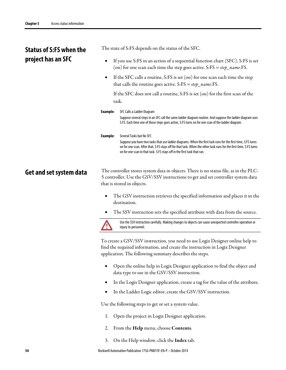 Status of s:fs when the project has an sfc, Get and set system data | Rockwell Automation Logix5000 Controllers Controller Information and Status Programming Manual User Manual | Page 54 / 59