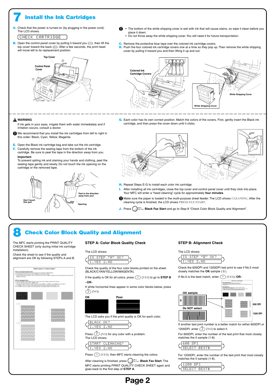 Page 2, Check color block quality and alignment, Install the ink cartridges | Brother MFC-3100C User Manual | Page 2 / 6