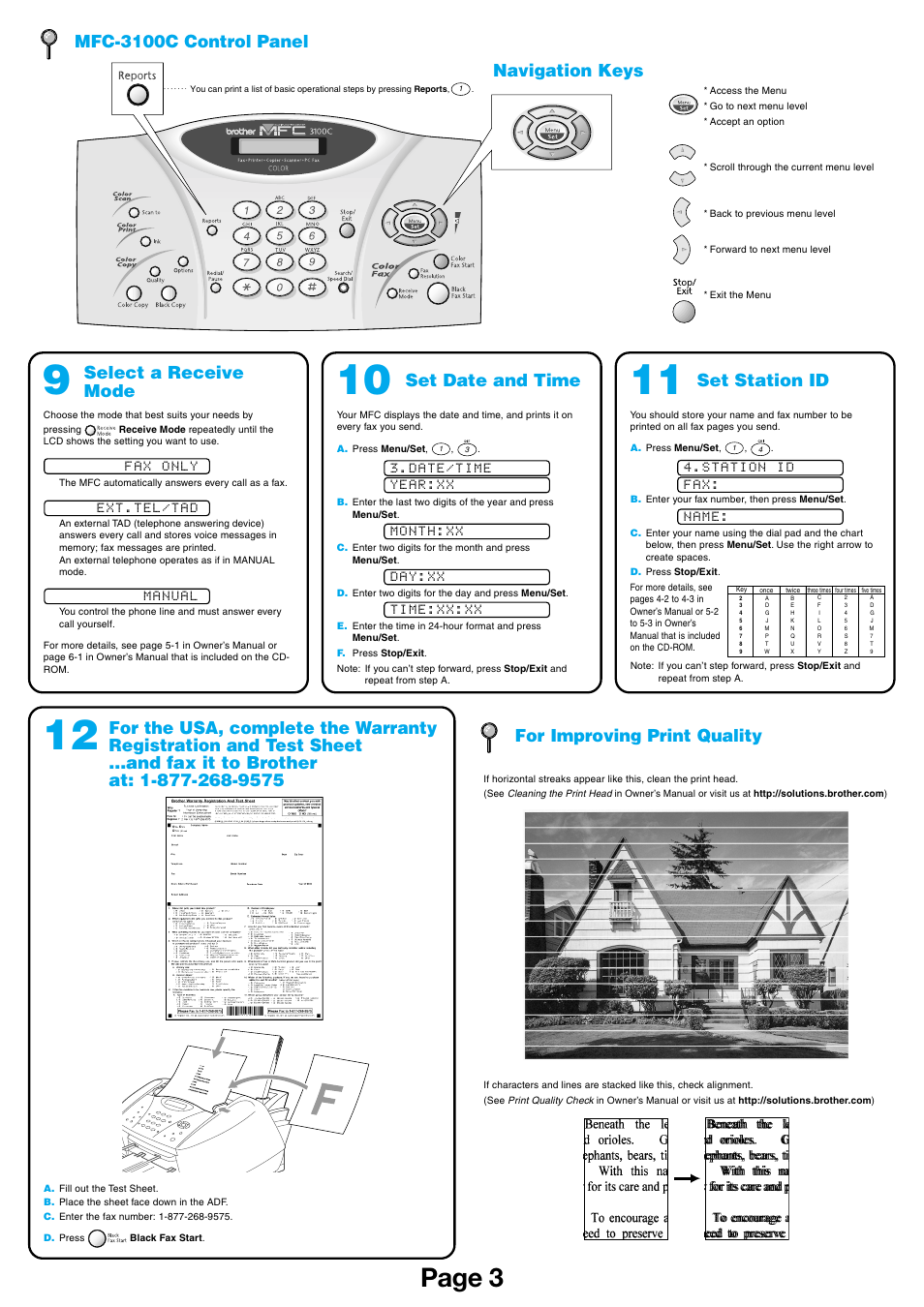 Page 3, Mfc-3100c control panel, Navigation keys | Select a receive mode, Set date and time, Set station id | Brother MFC-3100C User Manual | Page 3 / 6